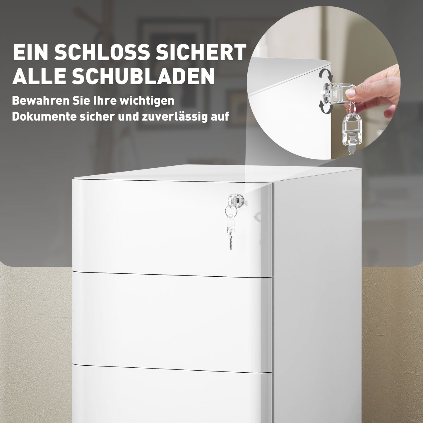 Vinsetto Aktenschrank aus Metall, Büroschrank, 3 Schubladen, rollbar, Weiß