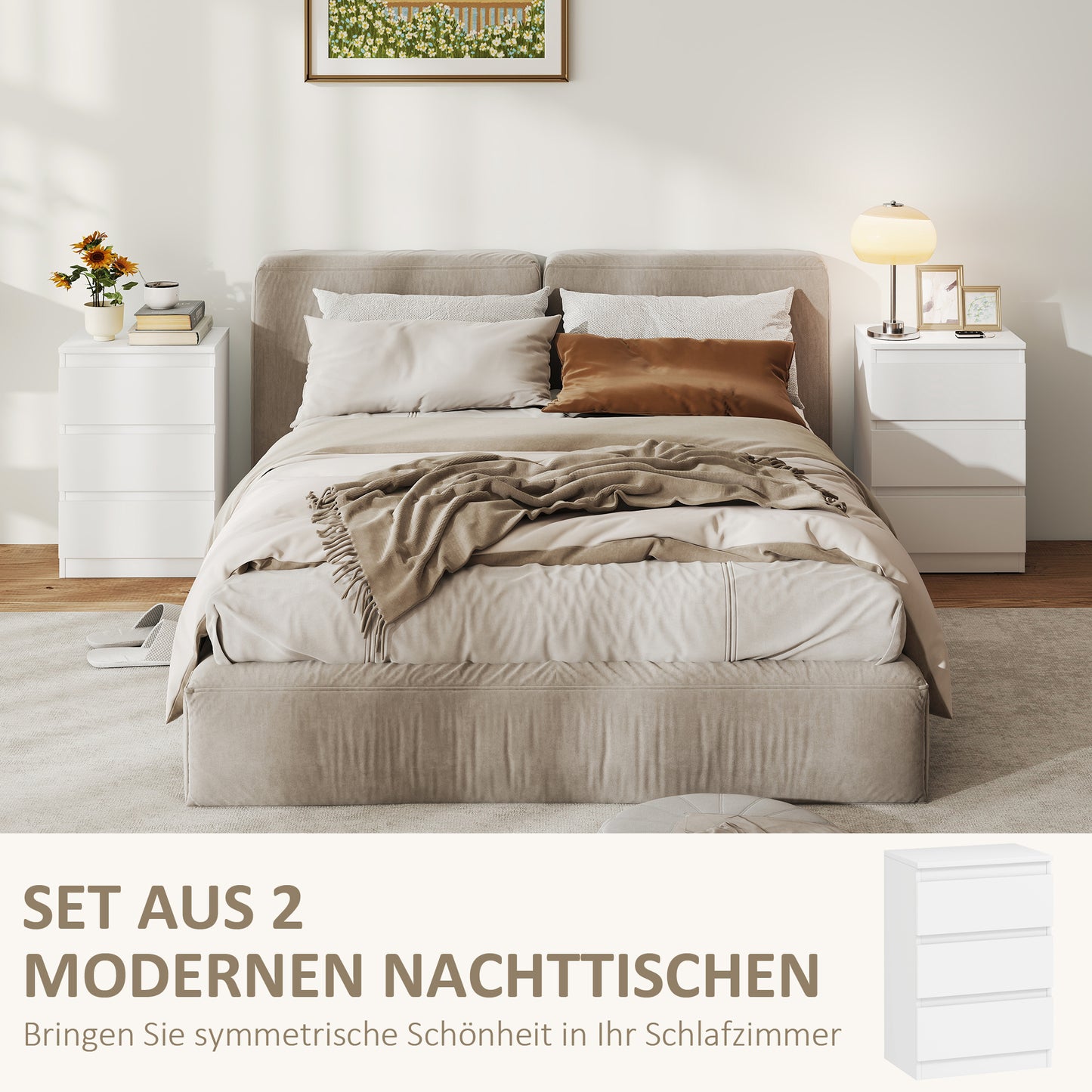 HOMCOM Nachttisch, 2er Set Beistelltisch mit 3 Schubladen, Nachtschrank, Nachtkommode für Schlafzimmer, Wohnzimmer, 40 x 30 x 59,5 cm, Weiß