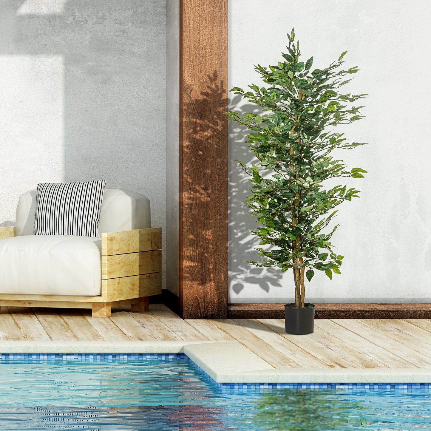 HOMCOM Künstlicher Ficus-baum groß 150 cm Kunstbaum, Kunstpflanze, Plastik Künstliche Pflanzen im Topf, Fake Plant wie echt für Wohnzimmer Schlafzimmer Büro Garten Moderne Dekoration Geschenk