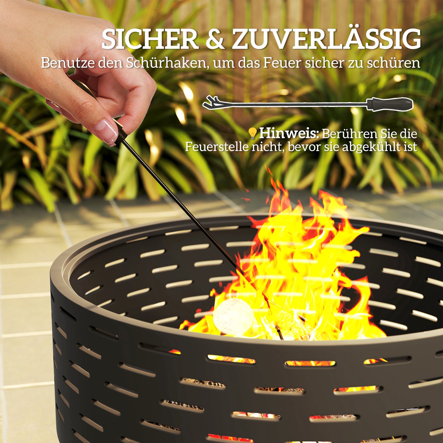 Outsunny 3-in-1 Feuerschale Ø60 x 39cm aus Edelstahl Feuerstelle mit Grillrost Funkenschutz Schürhaken Kohlegrau