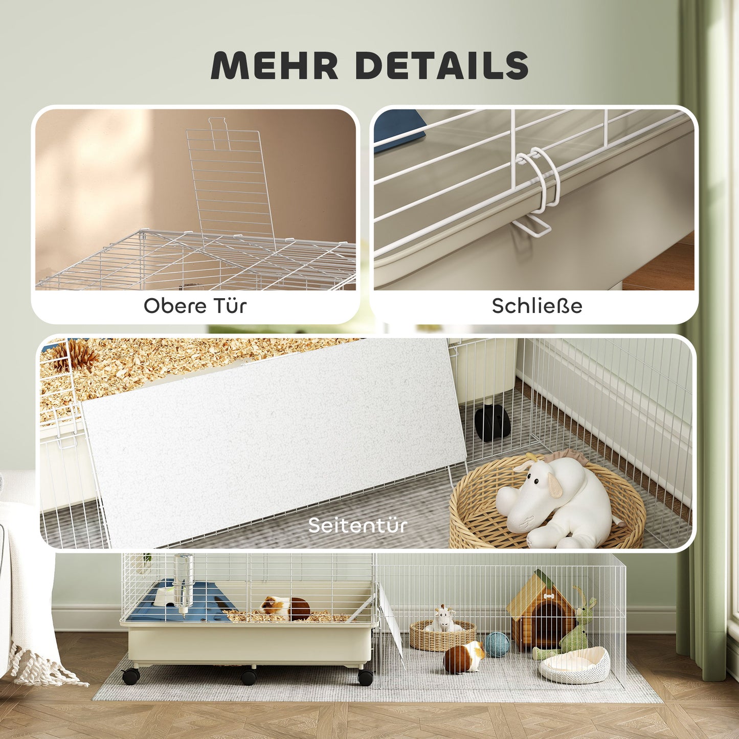 PawHut Kleintierkäfig, Balkon, Rampe, Futtertrog, Wasserflasche, 2-Ebenen-Design, Weiß