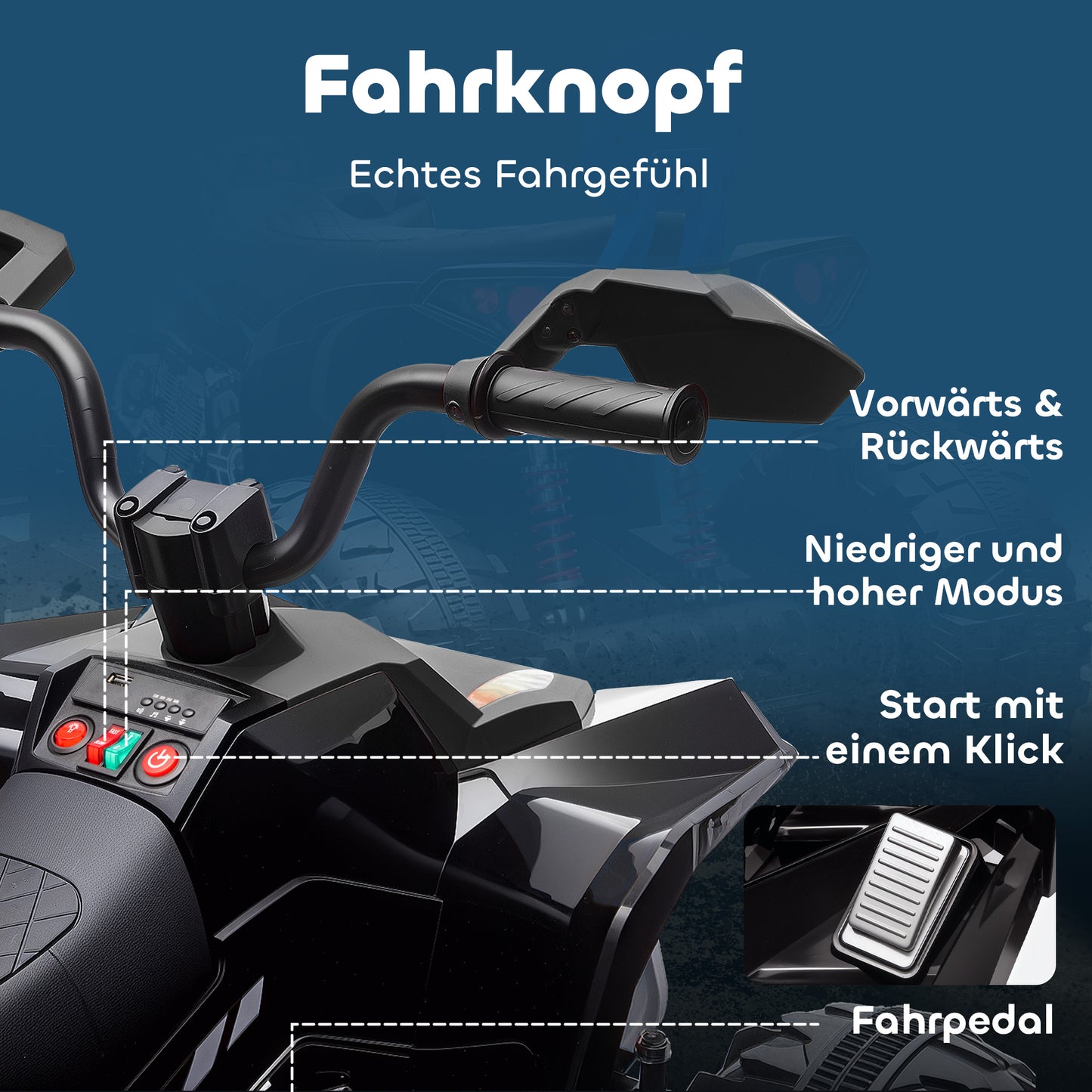 AIYAPLAY Kinder-Elektro-Quad, 24V Elektro-Fahrzeug mit 4 Rädern, Scheinwerfer, USB-Anschluss, MP3-Funktion, 6,5 km/h, 3-8 Jahre