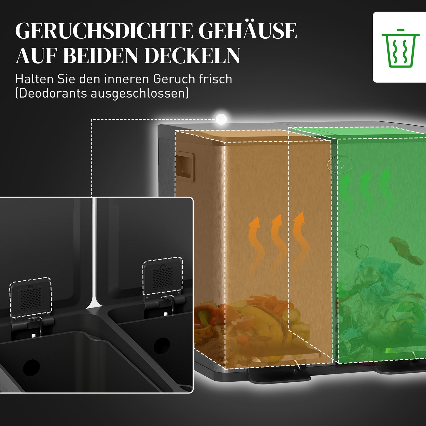 HOMCOM 2 x 15 L Doppelmülleimer, Pedalöffnung, leicht zu reinigen, Edelstahl, Kunststoff, Schwarz