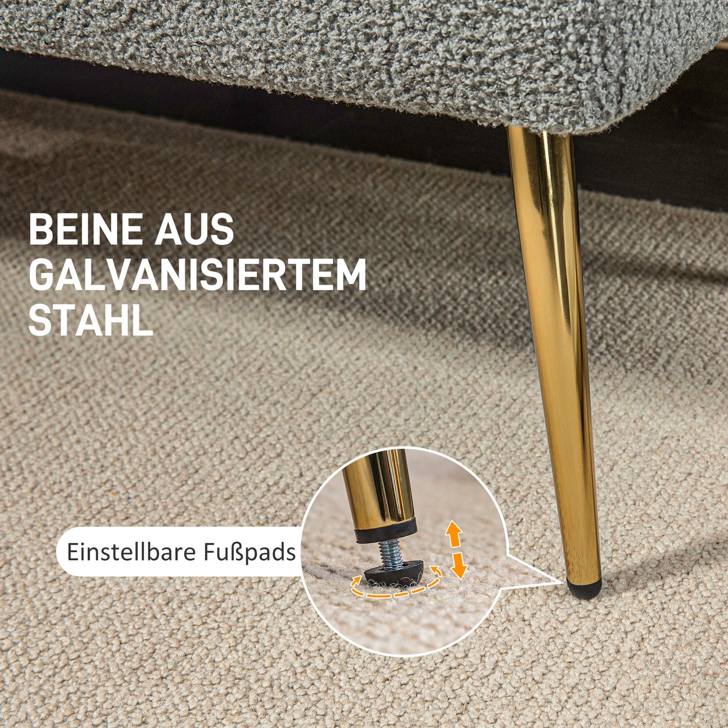 HOMCOM Bettbank, Sitzbank, weicher Bezug in Lammwoll-Optik, bis 120 kg, vergoldete Stahlbeine, 112x41x46cm, Grau