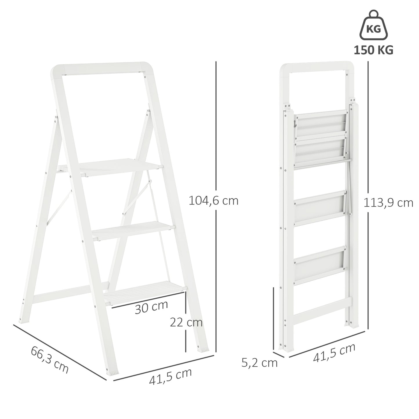 HOMCOM 3-stufige Trittleiter, Aluminum faltbar, rutschfeste Plattform, Weiß