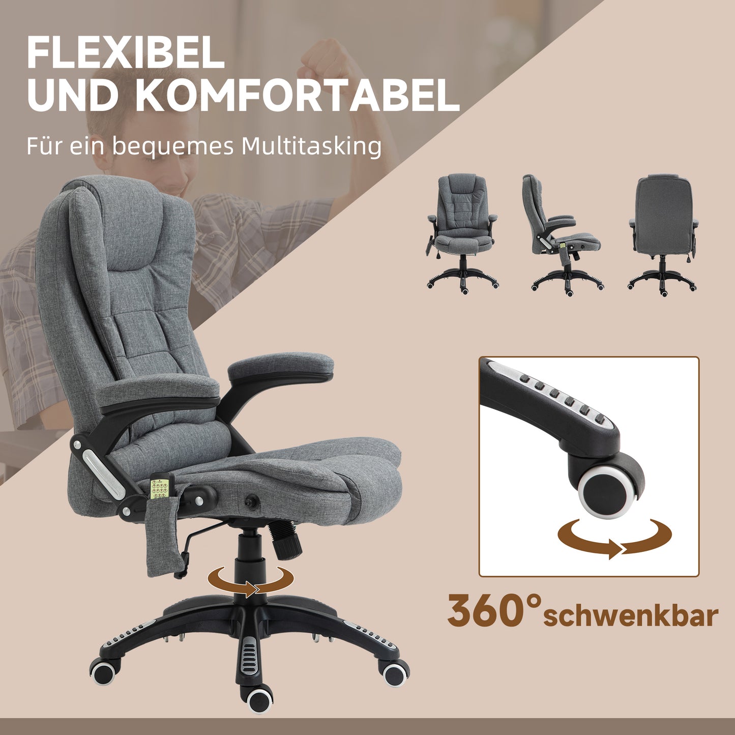Vinsetto Bürostuhl Massagesessel mit Wärmefunktion, Ergonomischer Chefsessel, Höhenverstellbarer Drehstuhl, Gamingstuhl mit Massage, Dunkelgrau, 68 x 72 x 110–120 cm
