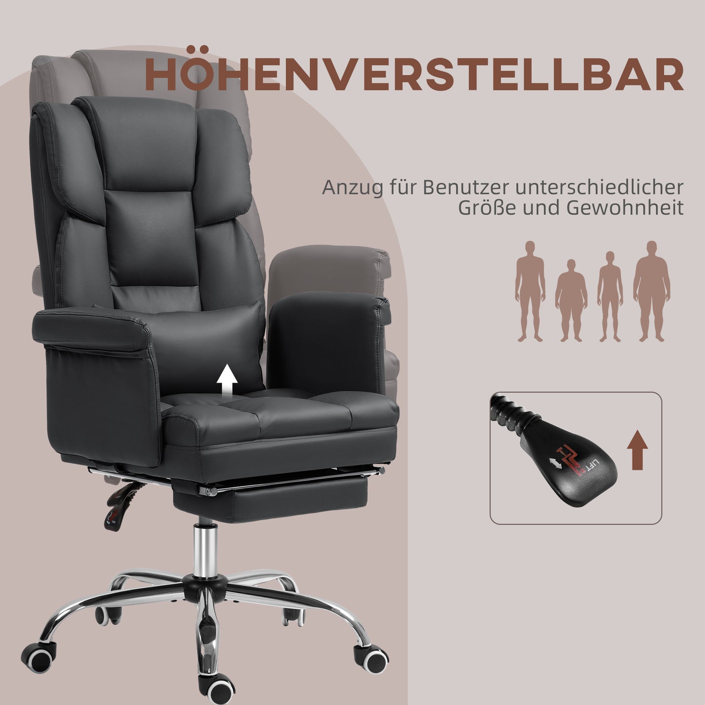 HOMCOM Ergonomischer Bürostuhl, höhenverstellbar 48-56 cm, neigbare Rückenlehne, Fußstütze, Schwarz