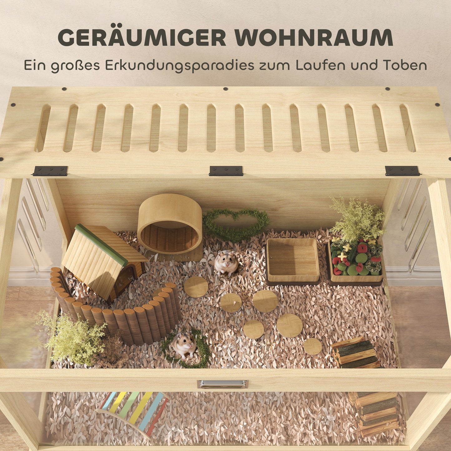 PawHut Hamsterkäfig 2 Etagen Nagerkäfig Kleintierkäfig mit klappbarem Deckel, groß 83,2 x 50 x 103 cm Naturholz