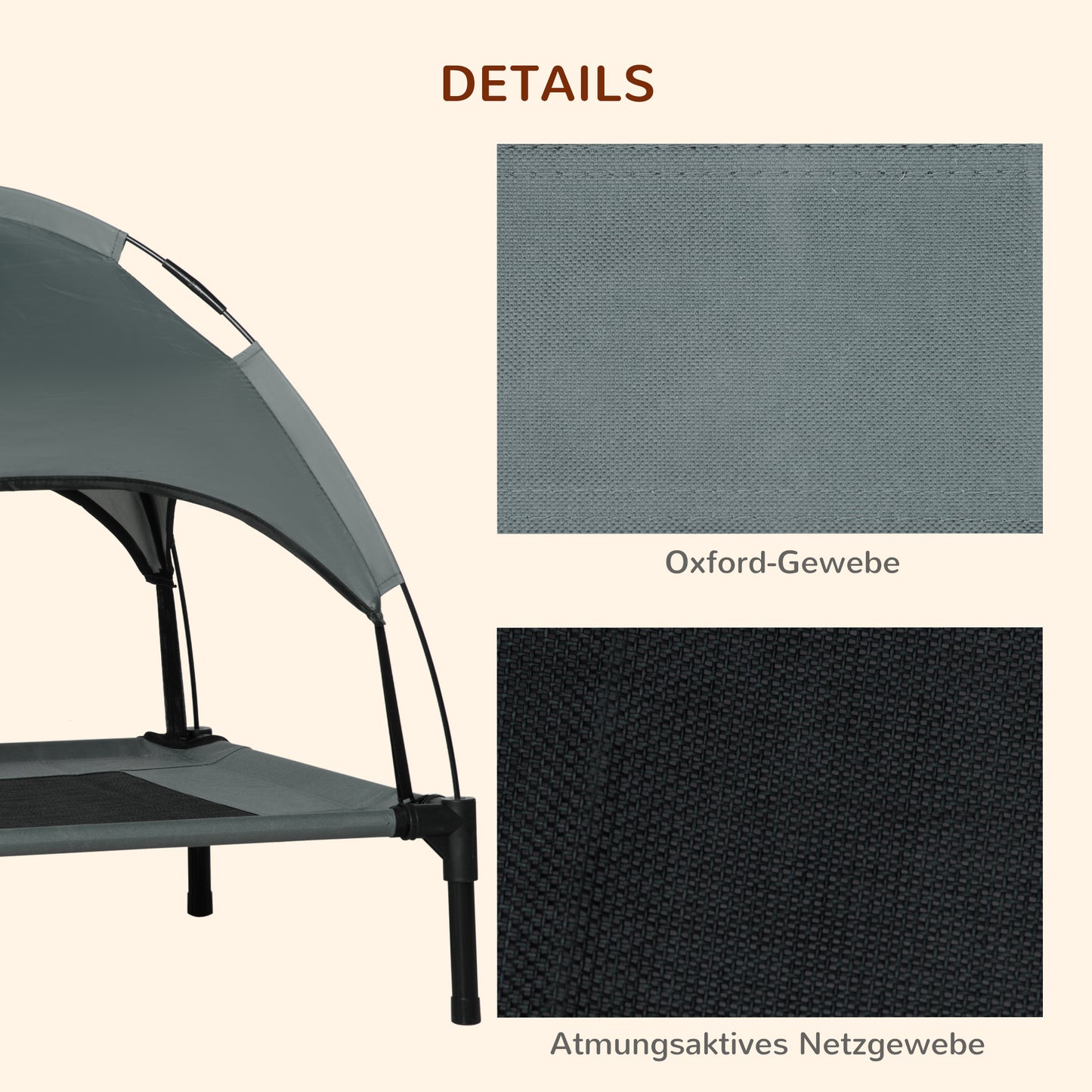PawHut Erhöhtes Hundebett mit Baldachin, Haustierbett, Hundeliege outdoor mit Dach, Atmungsaktiv, Taftstoff für Camping Grau 76 x 61 x 73 cm