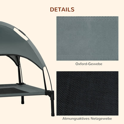 PawHut Erhöhtes Hundebett mit Baldachin, Haustierbett, Hundeliege outdoor mit Dach, Atmungsaktiv, Taftstoff für Camping Grau 76 x 61 x 73 cm