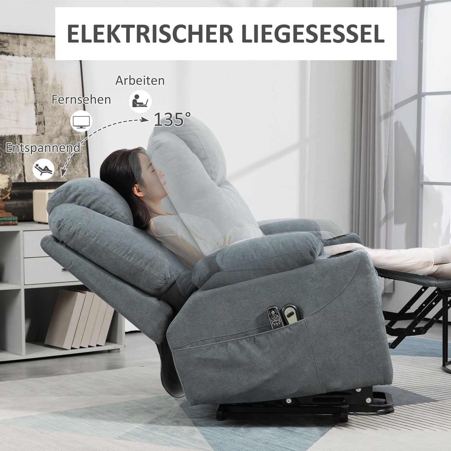 HOMCOM Massagesessel Aufstehhilfe Seniorensessel, 8 Massagepunkte, Seitentaschen, Fernbedienung, 90L x 101B x 107 cm, Grau