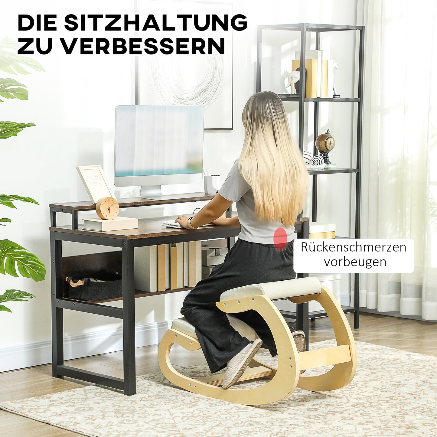 HOMCOM Ergonomischer, schaukelnder Kniehocker für Homeoffice, zur Verbesserung der Körperhaltung, Creme