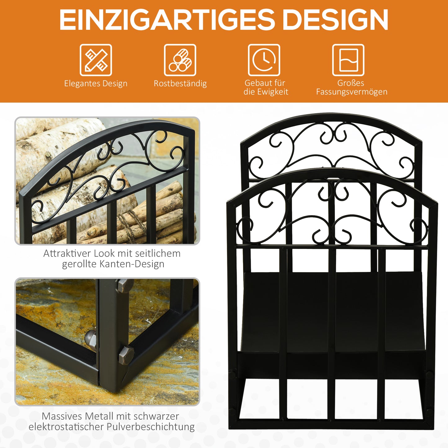 Outsunny Kaminholzregal Kaminholzständer Brennholzregal 60 kg belastbar Feuerholzablage Kaminwerkzeug Metall Schwarz 60,5 x 36 x 46,5 cm