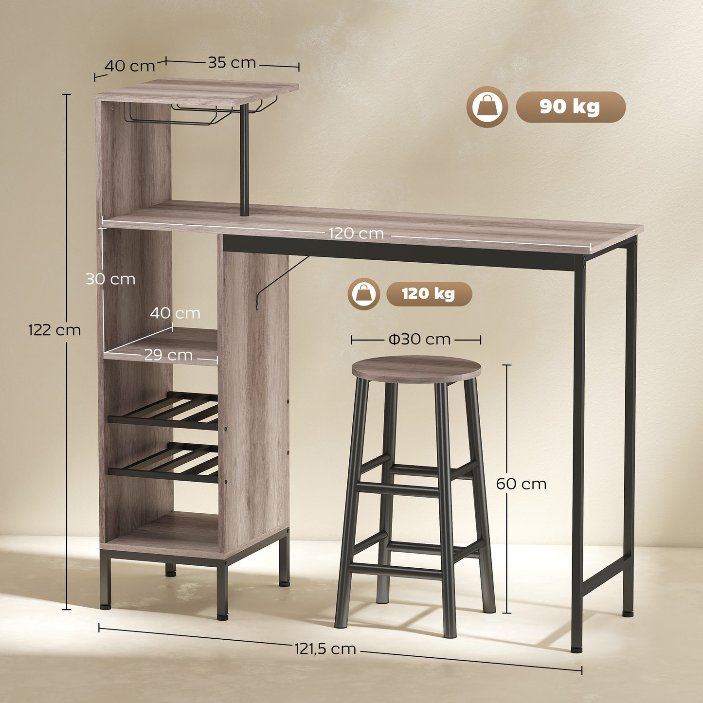 HOMCOM 3-tlg. Bartisch-Set mit Stauraum, Weinregalen, Glashaltern, Hockern mit Fußstütze, für kleine Räume, Grau
