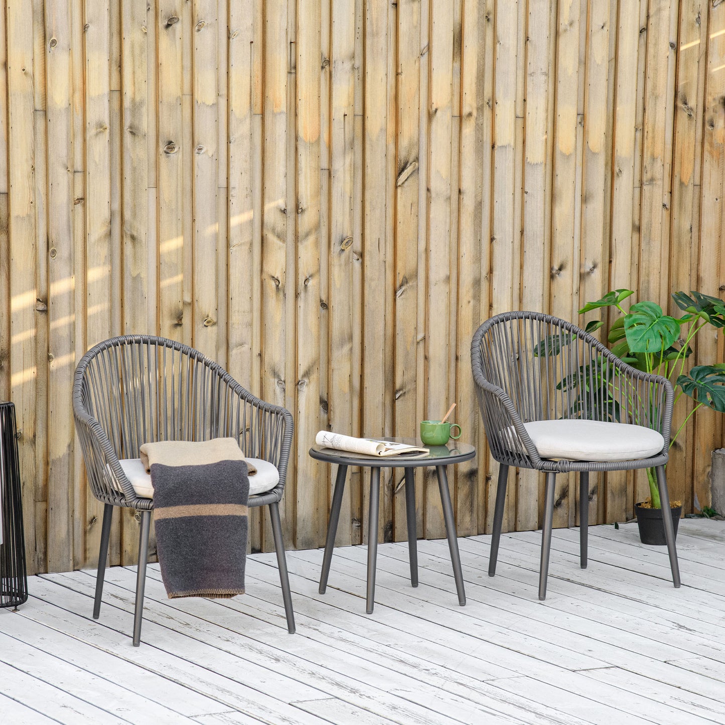 Outsunny Bistro-Set Rattan-Sofa-Set Terrassen-Set, 2 Stühle, 1 Tisch, wetterbeständig, 65 x 63 x 80 cm, Dunkelgrau + Hellgrau
