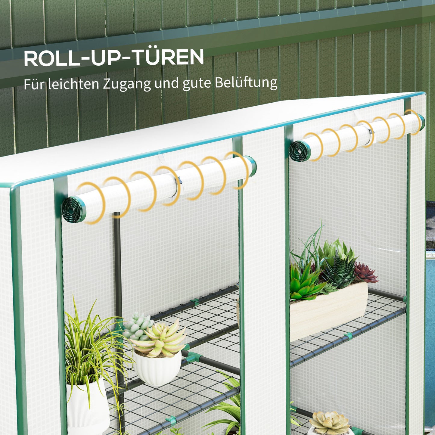 Outsunny Mini-Gewächshaus mit 3-Ebenen-Regal, Kunststoff-Abdeckung, UV-beständig, tragbar, Rolltür, 144 x 48 x 152 cm, Weiß