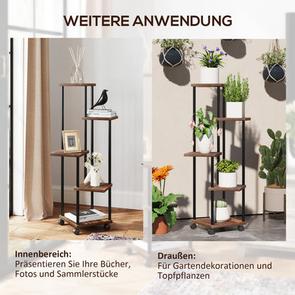 Outsunny Blumenständer mit 5 Ebenen, 5-stufiger Pflanzenständer, versetztes Design, leicht zu verschieben, Holz, Stahl