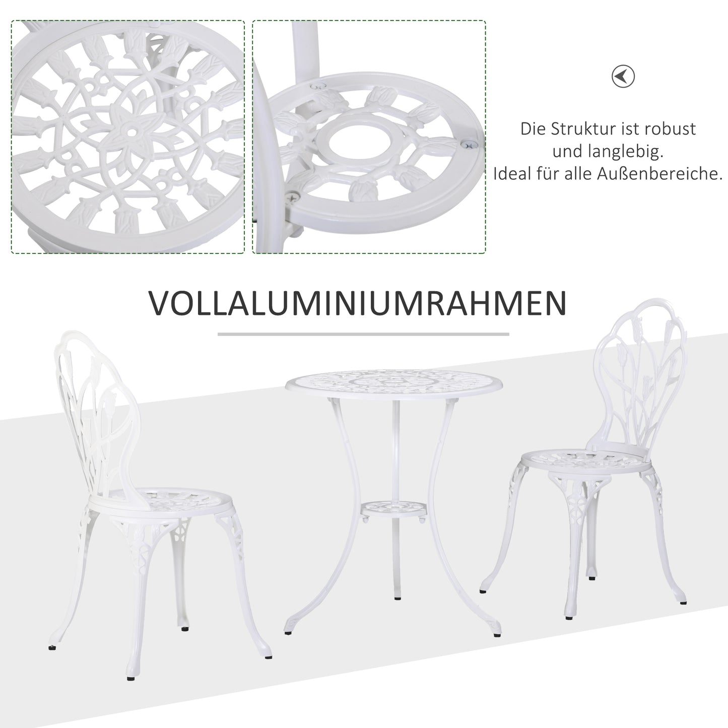 Outsunny Sitzgruppe für 2 Personen Essgruppe Gartenmöbel-Set 1 Tisch+2 Stühle mit Schirmloch Aluminium Weiß