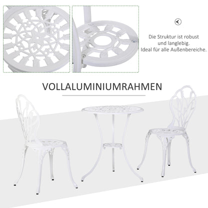 Outsunny Sitzgruppe für 2 Personen Essgruppe Gartenmöbel-Set 1 Tisch+2 Stühle mit Schirmloch Aluminium Weiß