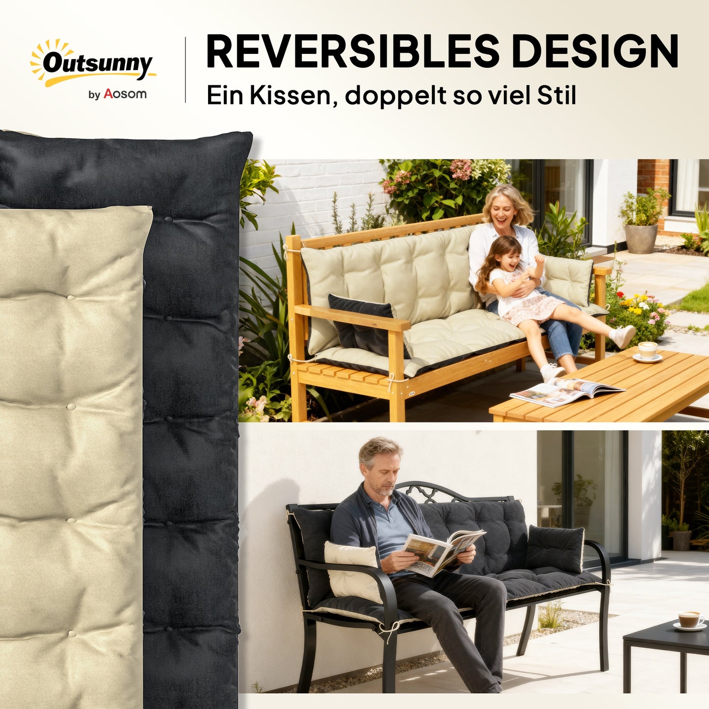 Outsunny Outdoor-Kissen-Set für Bank oder Hollywoodschaukel, zweifarbig, Polyester, Schaumstoff, 180 x 110 x 8 cm, Beige+Schwarz