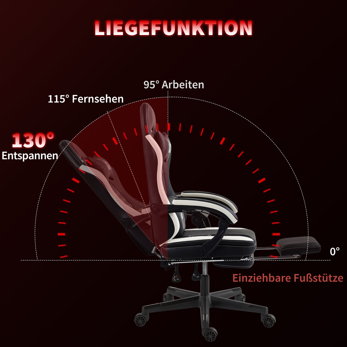 HOMCOM Gaming-Stuhl mit Fußstütze, Computerstuhl mit Kopfstütze & Kissen, Kunstleder-Bezug, drehbar, höhenverstellbar, Metall, Kunststoff, Schwarz+Weiß