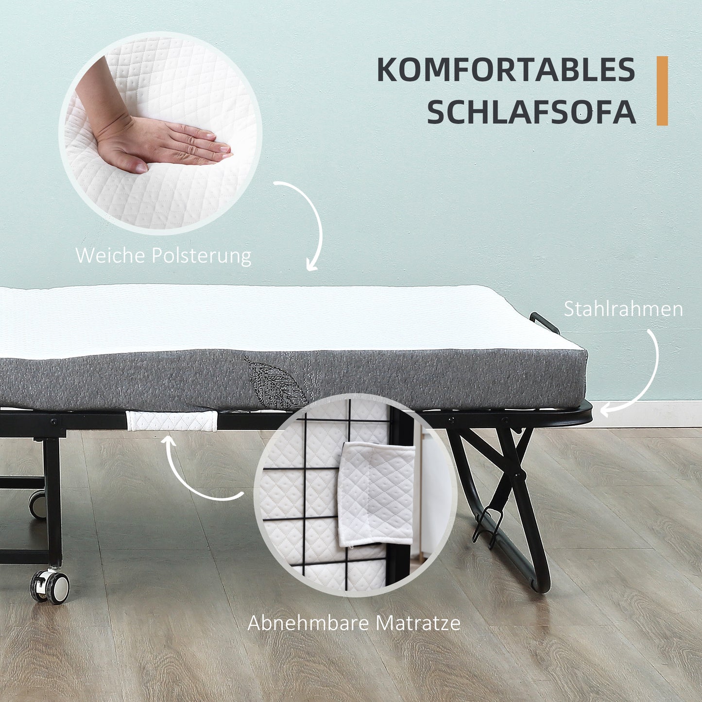 HOMCOM Klappbett 80x200 cm Erwachsene Gästebett Klappbar mit 10cm Dicker Schaumstoff Reisebett mit Stahlrahmen Feldbett mit Rollen bis 150 kg belastbar Einzelbett