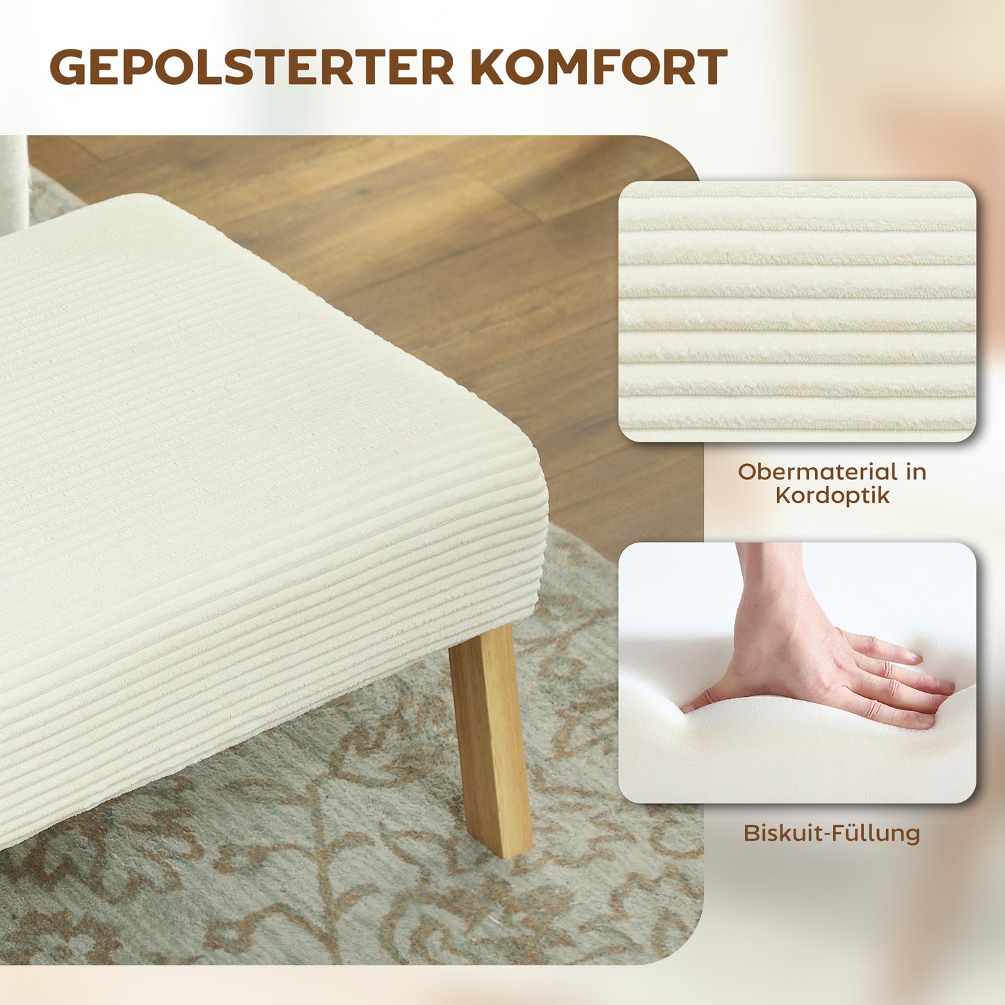 HOMCOM Sitzhocker Hocker mit weichem Sitzkissen Holzbeinen Fußhocker mit Cordoptik Cremeweiß