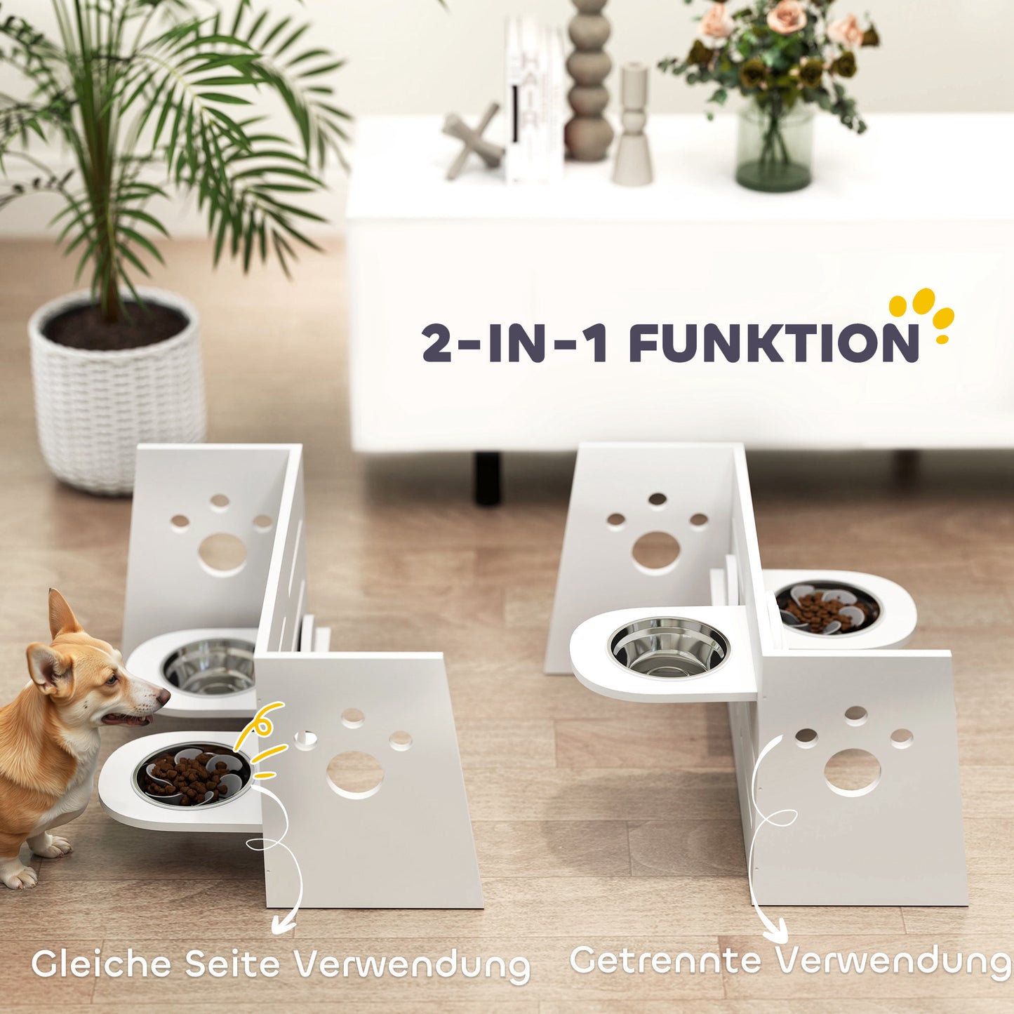 PawHut Hundefutternapf-Gestell, verstellbar Futternäpfe med separat design, 2 Edelstahlschüsseln, Anti-Schling-Matte, Weiß