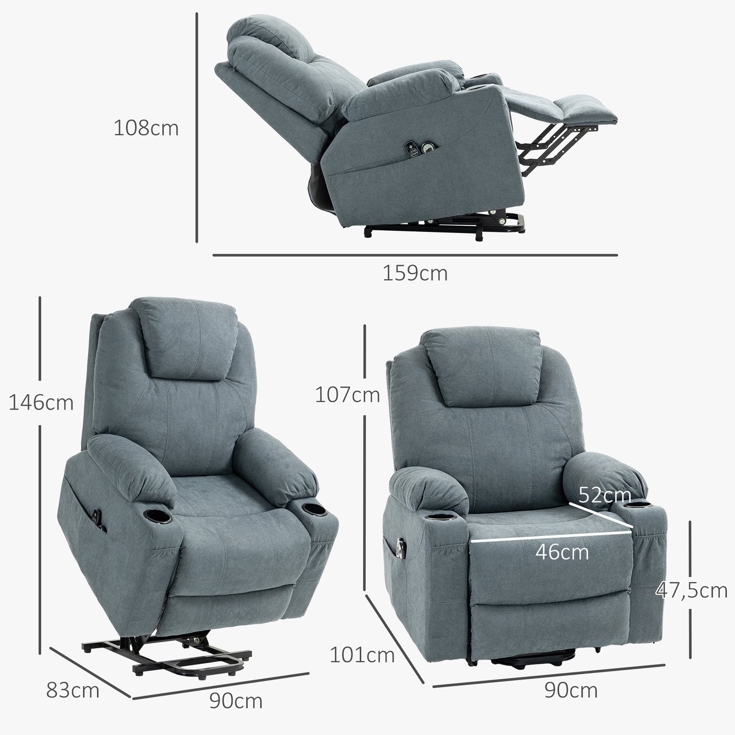 HOMCOM Massagesessel Aufstehhilfe Seniorensessel, 8 Massagepunkte, Seitentaschen, Fernbedienung, 90L x 101B x 107 cm, Grau