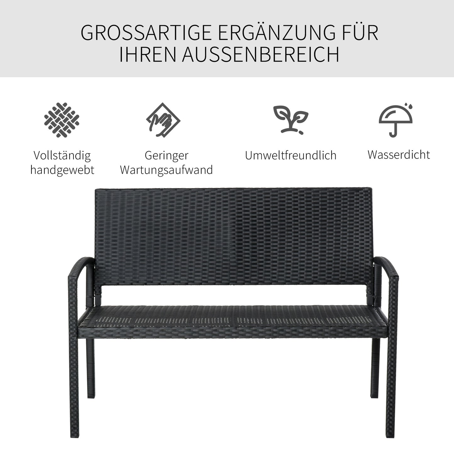 Outsunny Gartenbank, in Rattanoptik, mit Stahlrahmen, für 2 Personen, Schwarz, 122 x 60 x 85cm