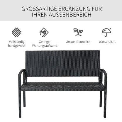 Outsunny Gartenbank, in Rattanoptik, mit Stahlrahmen, für 2 Personen, Schwarz, 122 x 60 x 85cm