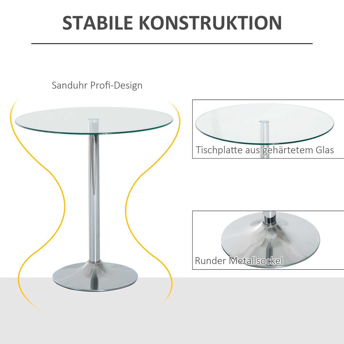 HOMCOM Runder Esstisch mit Glastischplatte, Metallgestell, Silberfarben