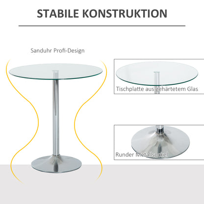 HOMCOM Runder Esstisch mit Glastischplatte, Metallgestell, Silberfarben