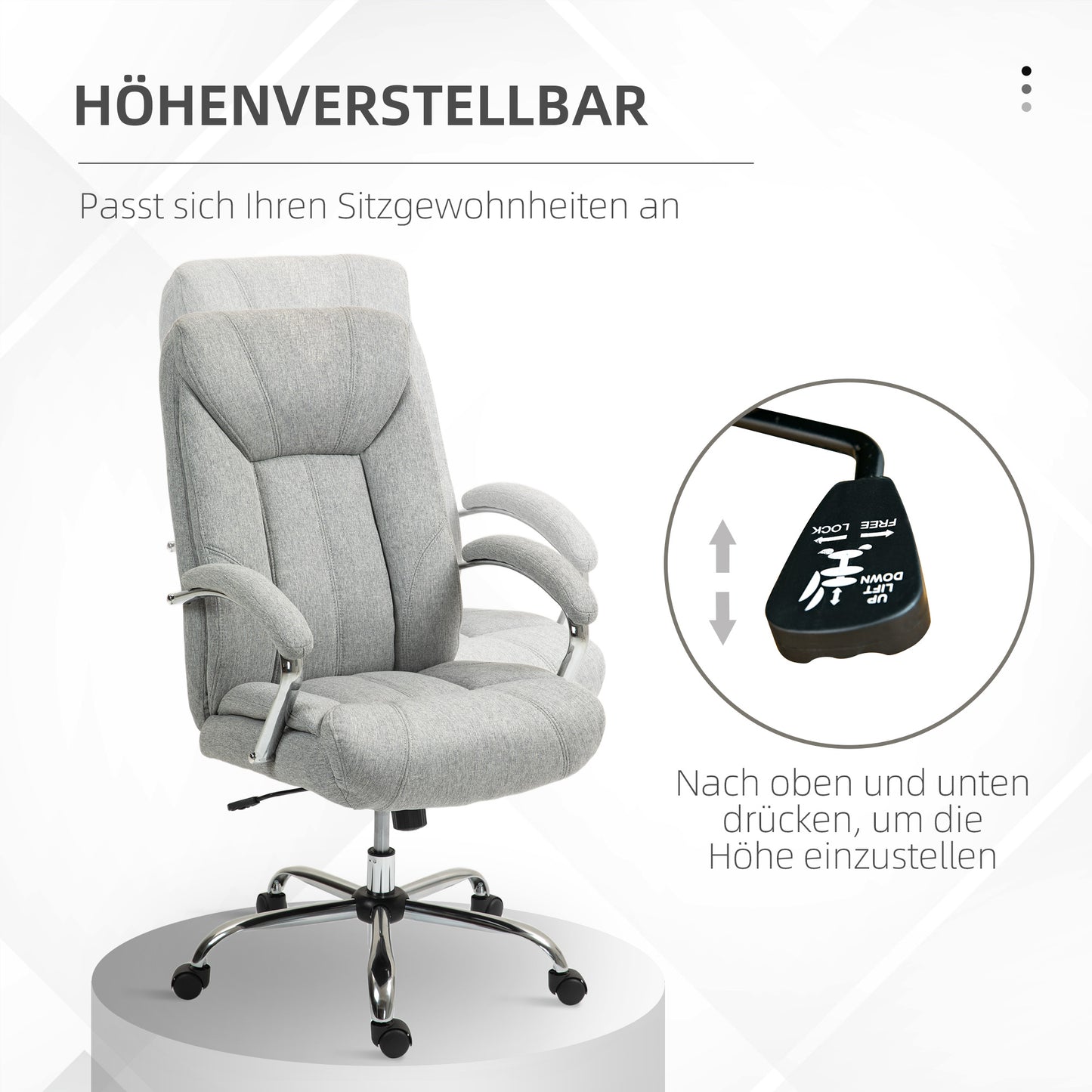 Vinsetto Ergonomischer Bürostuhl, hohe Rückenlehne, atmungsaktiver Bezug, verstellbare Höhe, Grau