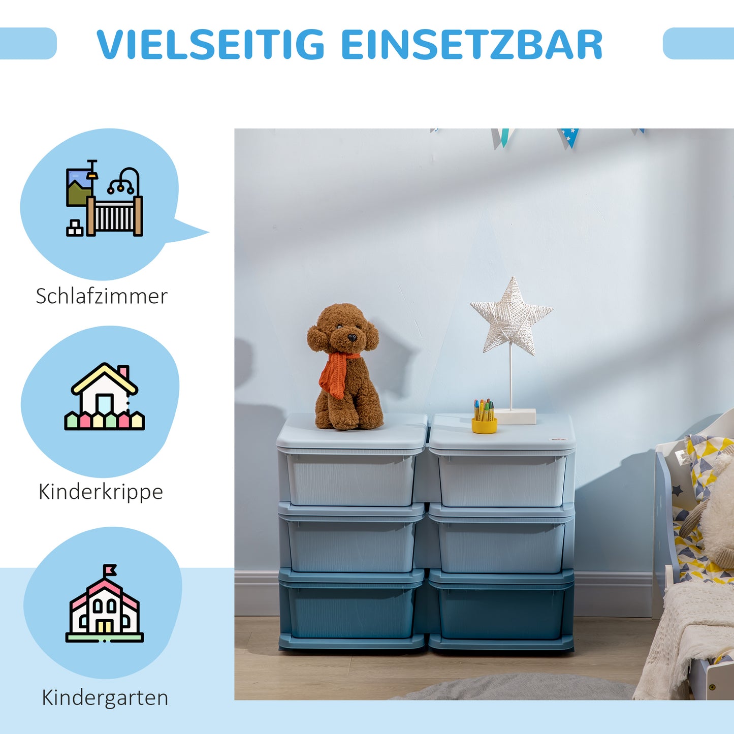 HOMCOM Aufbewahrungsbox für Kinder, Kinder-Aufbewahrungsbox, 3 Schubladen, Blau