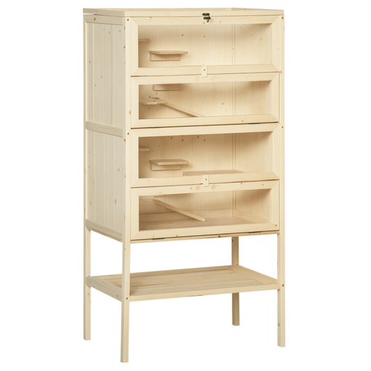 PawHut Hamsterkäfig aus Holz 5 Etagen Nagarium Nagerkäfig Kleintierkäfig mit Gitterdach Rampen, Holzkäfig Mäusekäfig groß Käfig für Hamster Zwerghamster 60 x 40 x 120 cm Naturholz