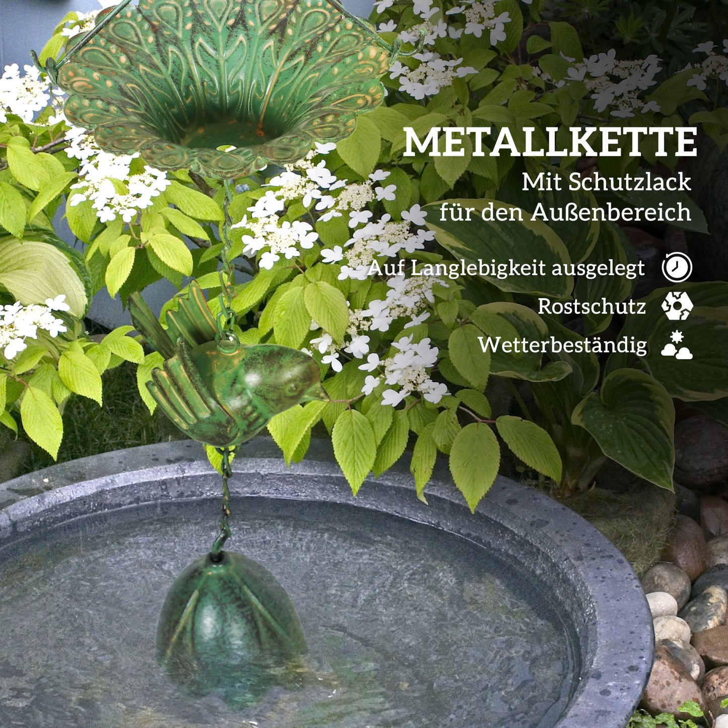 Outsunny 3er Set Regenkette 123cm Regenablaufkette aus Metall Ablaufkette mit befestigtem Aufhänger Vögeln Bell Grün