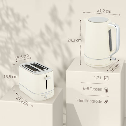 HOMCOM Set aus 1,7 L Wasserkocher und Toaster mit 6 Bräunungsstufen, Beige