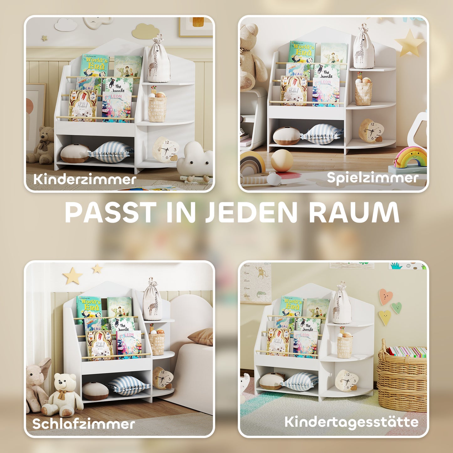 AIYAPLAY Kinderregal mit 7 Regalen für Bücher, Spielzeug, runde Kanten, trägt 40 kg, Weiß