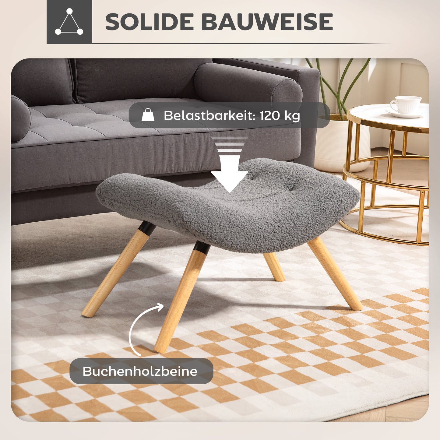 HOMCOM Moderner Fußhocker mit Fleece-Bezug und Holzbeinen, gepolstert, für Wohnzimmer, Schlafzimmer, Flur, Dunkelgrau