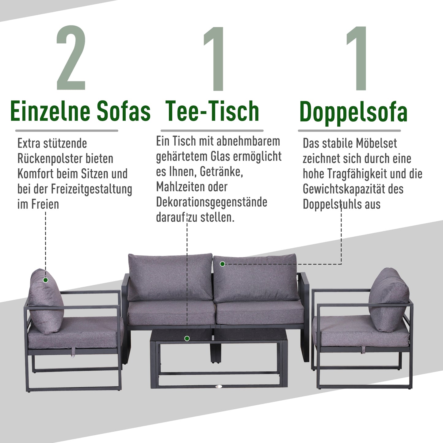 Outsunny Vierteiliges Gartenmöbel Set, Sitzgruppe, Sofa mit Sitzkissen, Tisch mit Staurum, Polyester, Grau, 138 x 69 x 63 cm