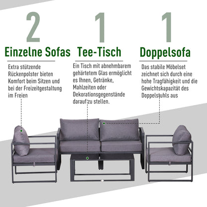 Outsunny Vierteiliges Gartenmöbel Set, Sitzgruppe, Sofa mit Sitzkissen, Tisch mit Staurum, Polyester, Grau, 138 x 69 x 63 cm