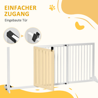 PawHut Absperrgitter Hunde Türschutzgitter Schutzgitter aus Holz Freistehendes Hundegitter mit Tür Hundeabsperrgitter Konfigurationsgitter för Kamin &amp; Ofen Weiß 113-166 x 36 x 71 cm