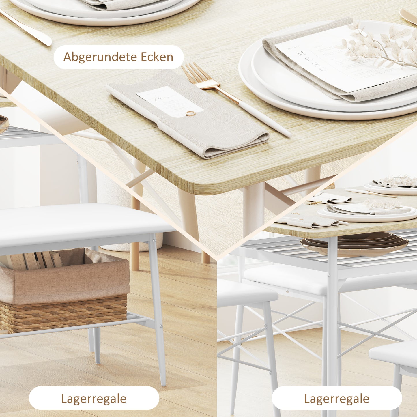 HOMCOM 4-teiliges Esstisch-Set mit Stühlen und Bank für 4 Personen, gepolsterte Sitze, Stahlrahmen, Holz, Eiche