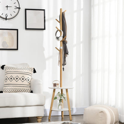 HOMCOM Garderobenständer mit Beistelltisch im Skandi-Design, 5 Kleiderhaken, 39, 5 cm x 39,5 cm x 171 cm, Natur + Weiß