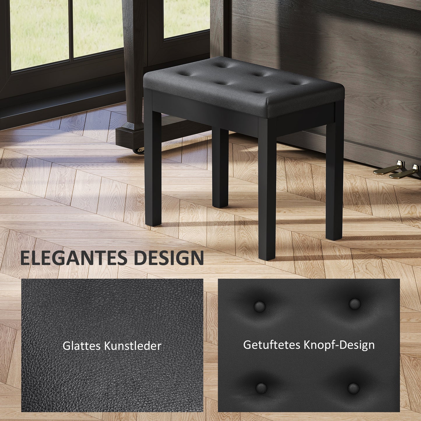 HOMCOM Klavierbank, Kunstlederbezug, gesteppte Knöpfe, Stauraum, Holzbeine, Schwarz