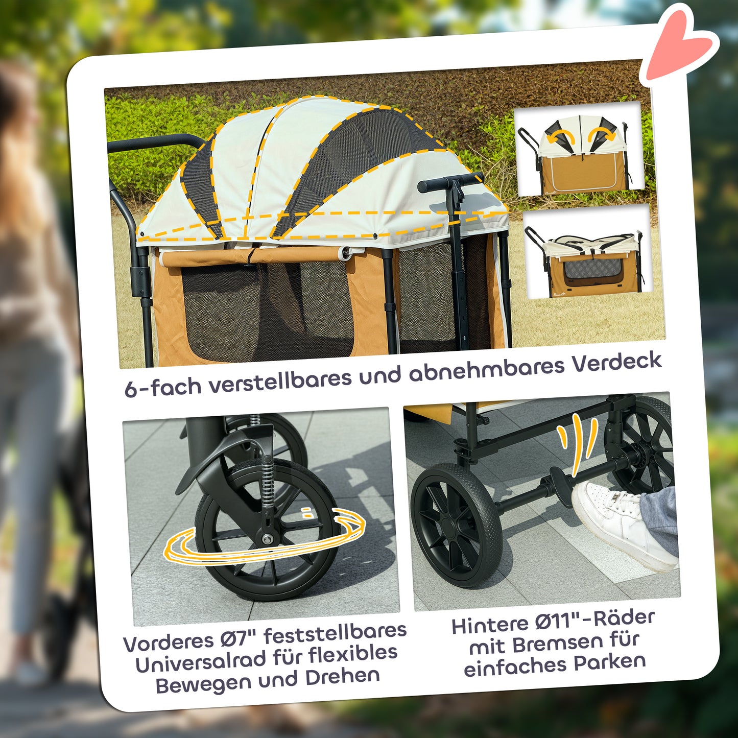 PawHut Hundewagen Hundebuggy klappbar für Hunde & Katzen bis 30 kg 110 x 65 x 102 cm Braun