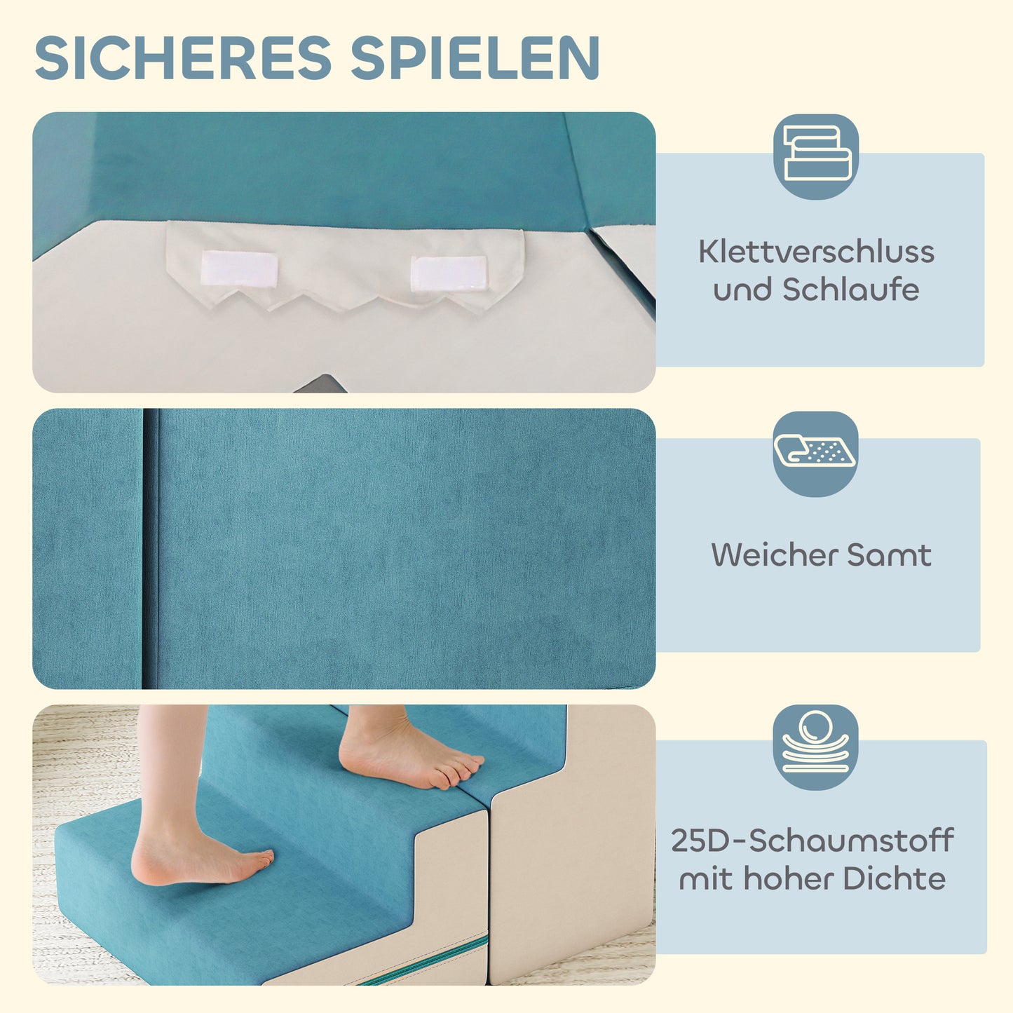 AIYAPLAY 2-teiliges weiches Spielblöcke-Set für Kleinkinder, Kunstleder, Schaumstoff, zum Klettern, Bauen, Spielen, Beige+Blau
