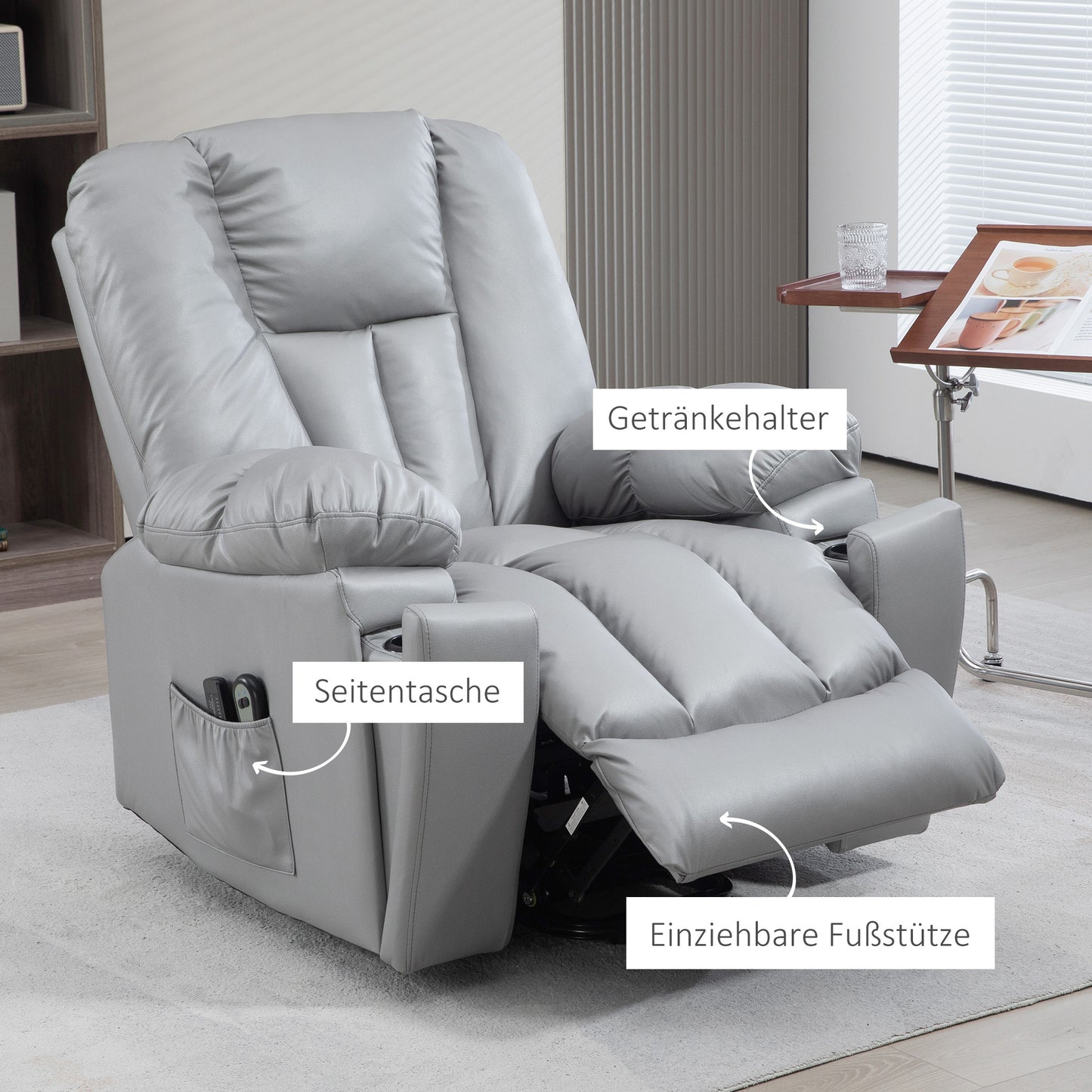 HOMCOM Massagesessel Relaxsessel Seniorensessel, Fernbedienung, Seitentaschen, 94 cm x 96 cm x 106 cm, Dunkelgrau