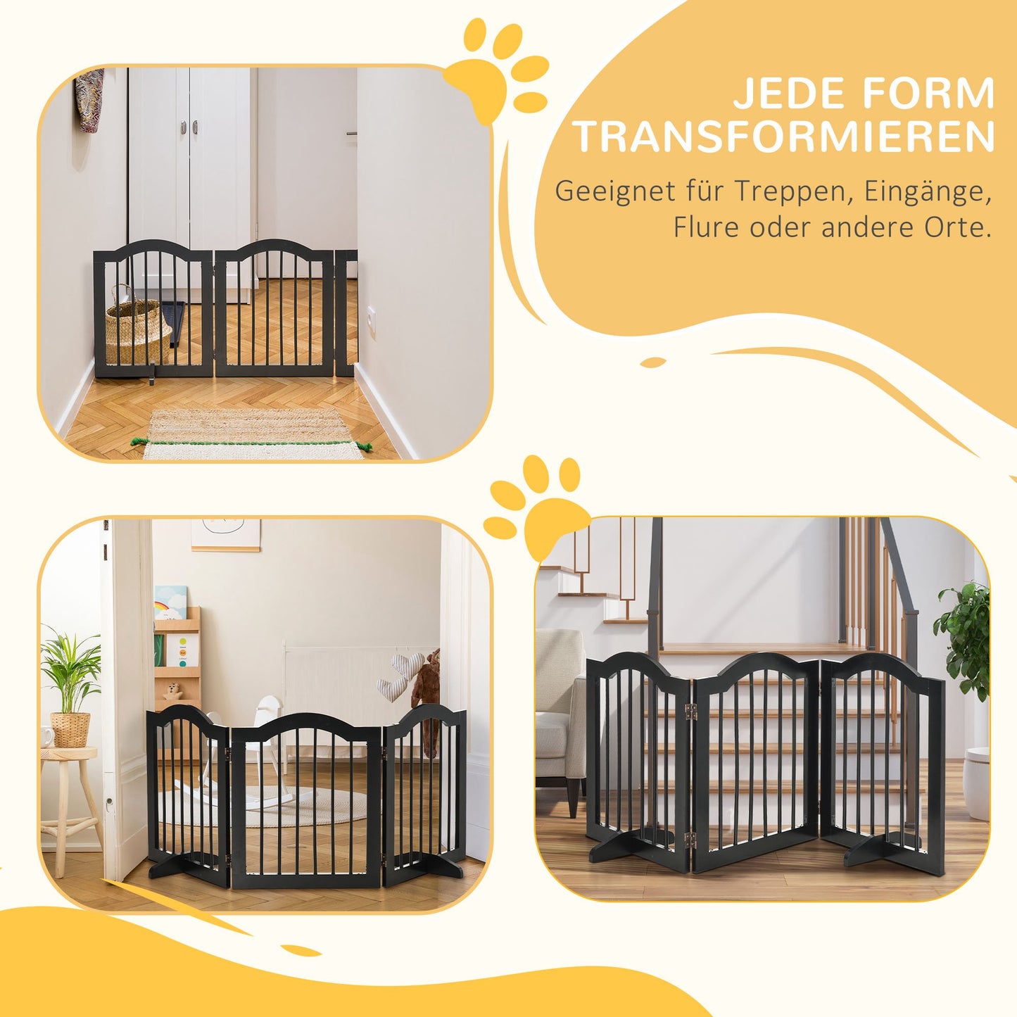 PawHut Absperrgitter Hund 3-teilig, 154,5 x 61 cm Faltbar Hundegitter mit Tür, Türschutzgitter med 2 Stützfüßen, Freistehend Treppengitter für Küche, Flur, Schwarz